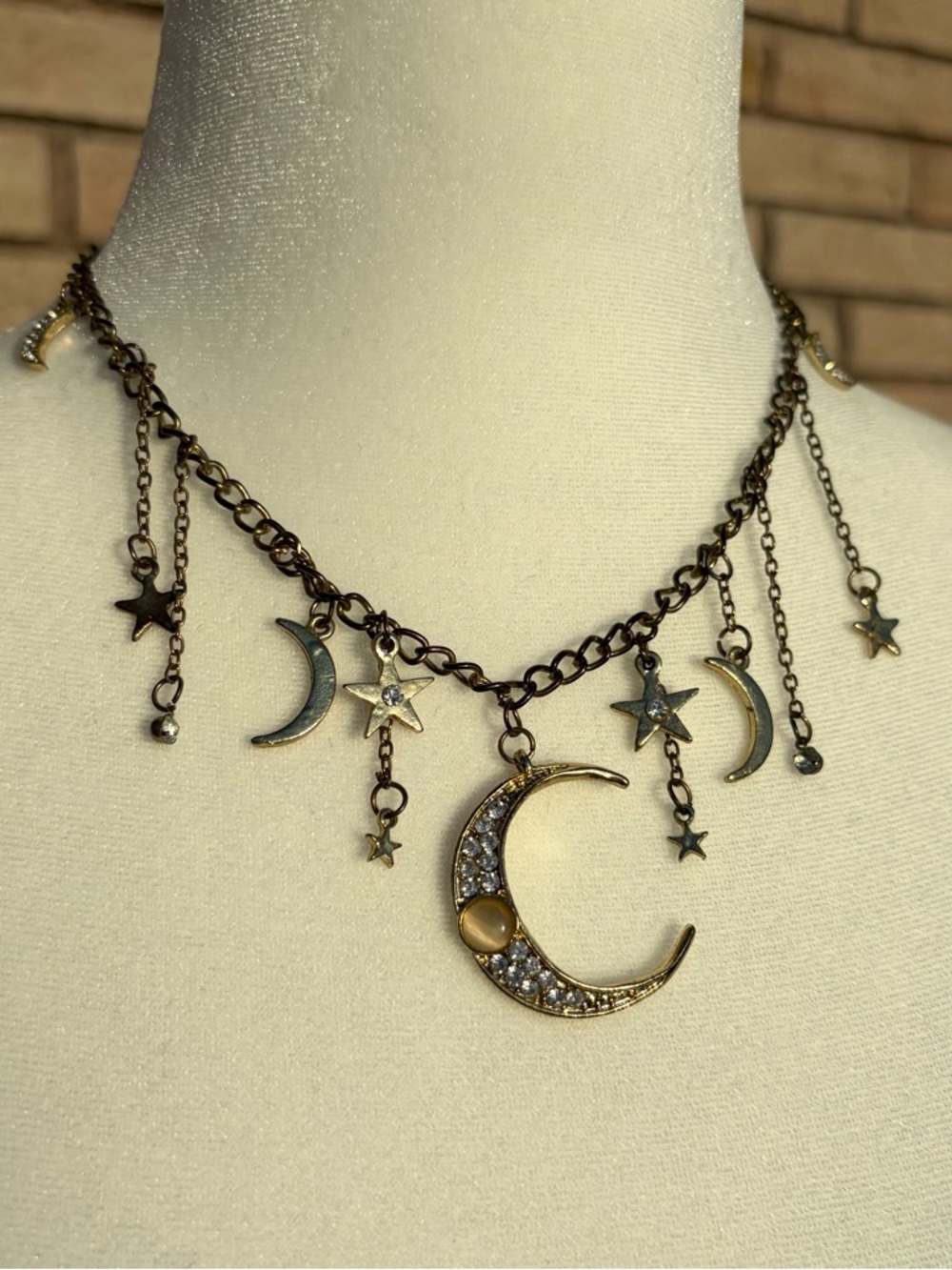 Vintage 90s Gold Celestial Whimsygoth Star and Moon Dangly Necklace